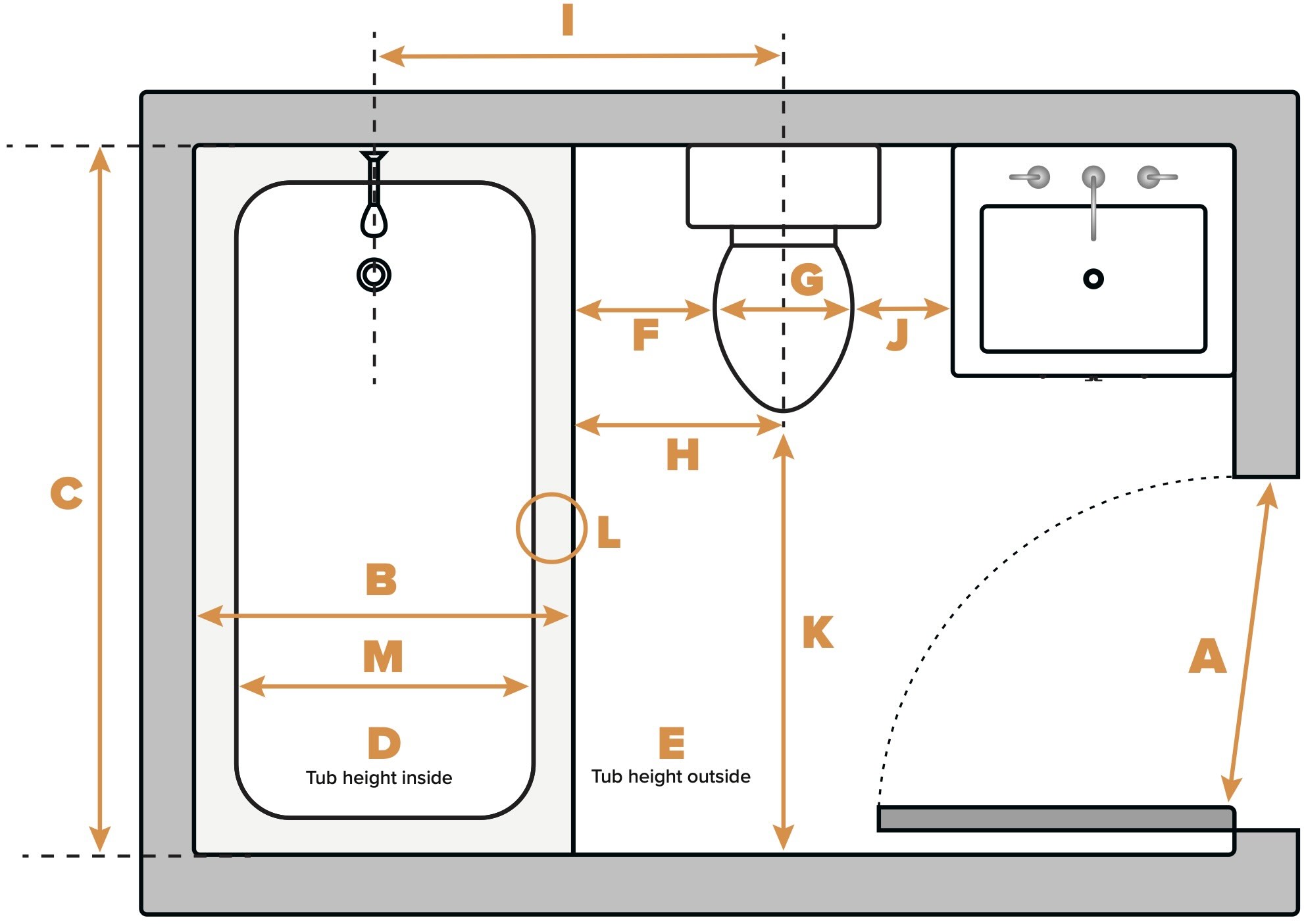 Bathroom floor plan with measurements lettered A through M